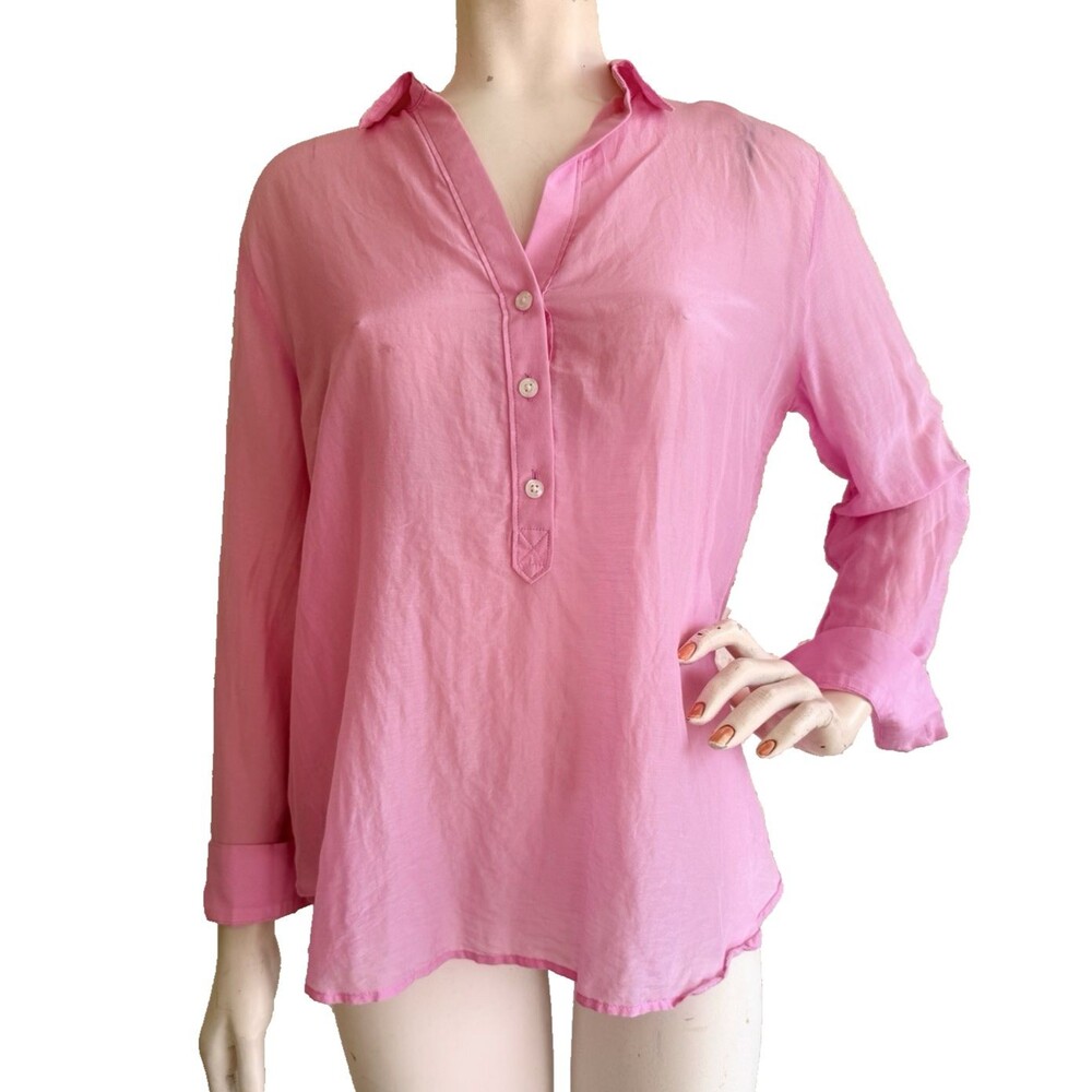 ANN TAYLOR Top Blouse Pink Cotton Silk Long Sleeve Collared Pullover Size PL